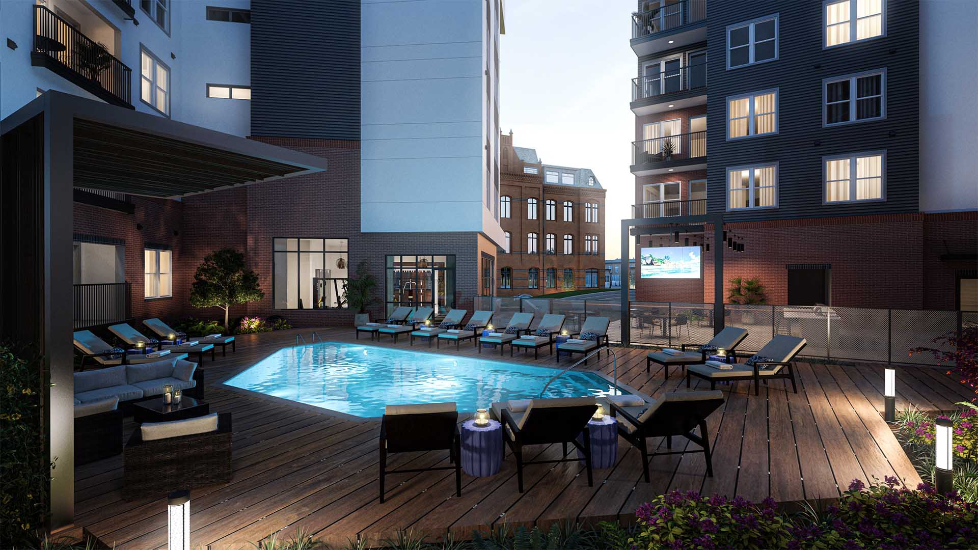 Rendering of Beckon pool deck with lounge chairs and flowers.