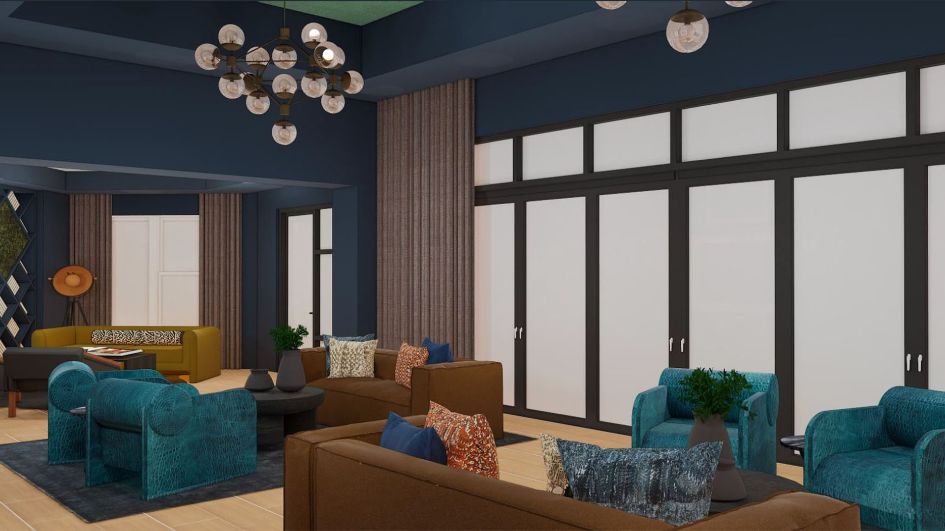 Rendering of lounge with plush seating and eclectic decor.