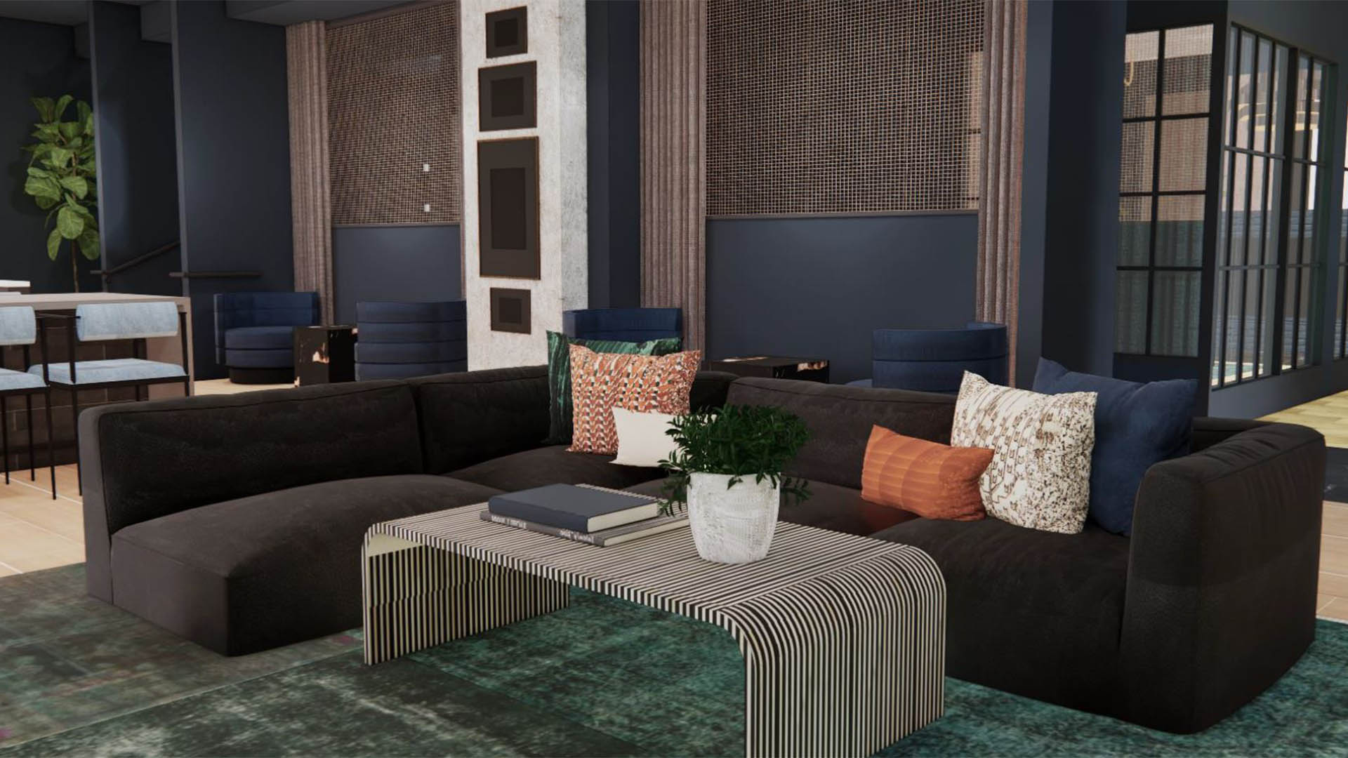 Rendering of lounge with plush seating and eclectic decor.