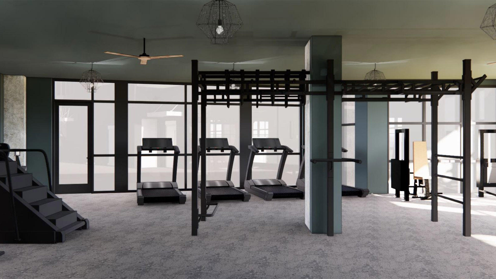 Rendering of fitness center with cardio machines and pull up racks.