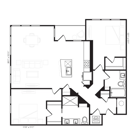 Rendering of the B2 floor plan with 2 bedroom[s] and 2 bathroom[s] at Beckon