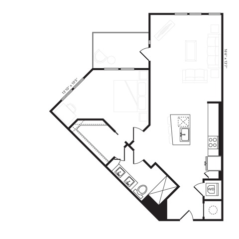 Rendering of the A6 floor plan with 1 bedroom[s] and 1 bathroom[s] at Beckon
