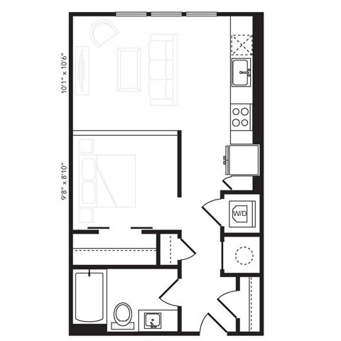 Rendering of the S1 floor plan with a Studio bedroom and 1 bathroom[s] at Beckon