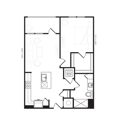 Rendering of the A1.1 floor plan with 1 bedroom[s] and 1 bathroom[s] at Beckon