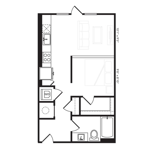 Rendering of the S2.3 floor plan with a Studio bedroom and 1 bathroom[s] at Beckon