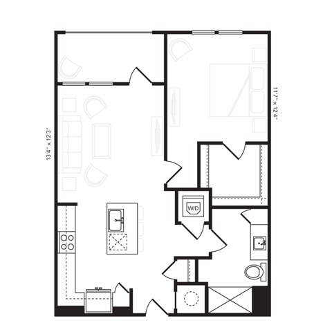 Rendering of the A1.1 HC floor plan with 1 bedroom[s] and 1 bathroom[s] at Beckon