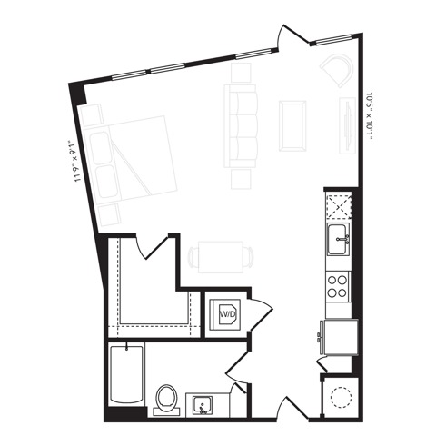 Rendering of the S3 floor plan with a Studio bedroom and 1 bathroom[s] at Beckon