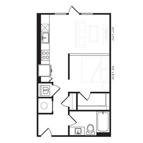 Rendering of the S2.2 floor plan with a Studio bedroom and 1 bathroom[s] at Beckon