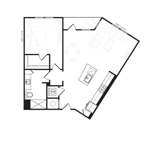 Rendering of the A8 floor plan with 1 bedroom[s] and 1 bathroom[s] at Beckon