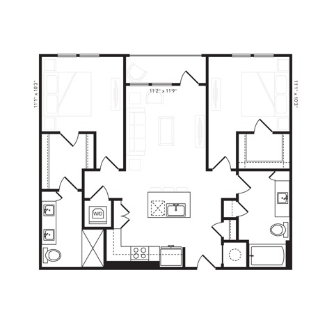 Rendering of the B1 floor plan with 2 bedroom[s] and 2 bathroom[s] at Beckon
