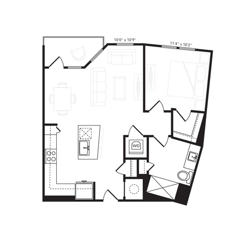 Rendering of the A7 floor plan with 1 bedroom[s] and 1 bathroom[s] at Beckon