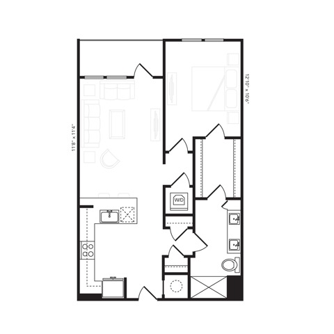 Rendering of the A5.1 floor plan with 1 bedroom[s] and 1 bathroom[s] at Beckon