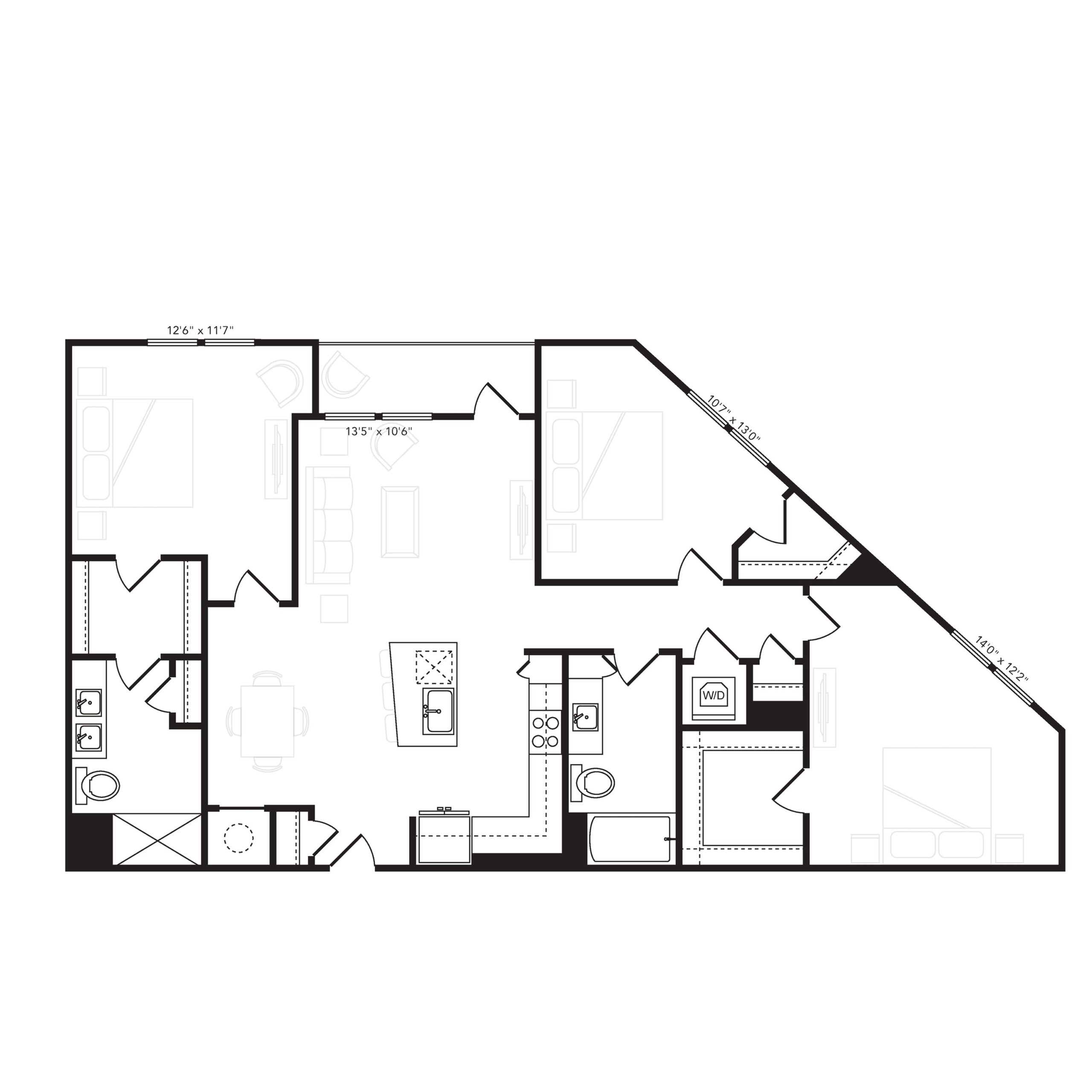 Rendering of the C1 HC floor plan with 3 bedroom[s] and 2 bathroom[s] at Beckon