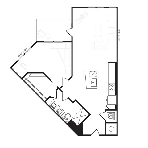 Rendering of the A6.1 floor plan with 1 bedroom[s] and 1 bathroom[s] at Beckon