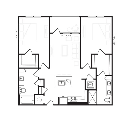 Rendering of the B1.1 HC floor plan with 2 bedroom[s] and 2 bathroom[s] at Beckon