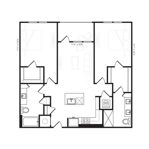Rendering of the B1.1 floor plan with 2 bedroom[s] and 2 bathroom[s] at Beckon