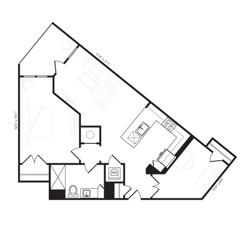 Rendering of the A10 floor plan with 1 bedroom[s] and 1 bathroom[s] at Beckon