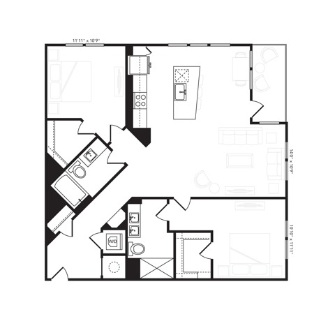 Rendering of the B4 floor plan with 2 bedroom[s] and 2 bathroom[s] at Beckon