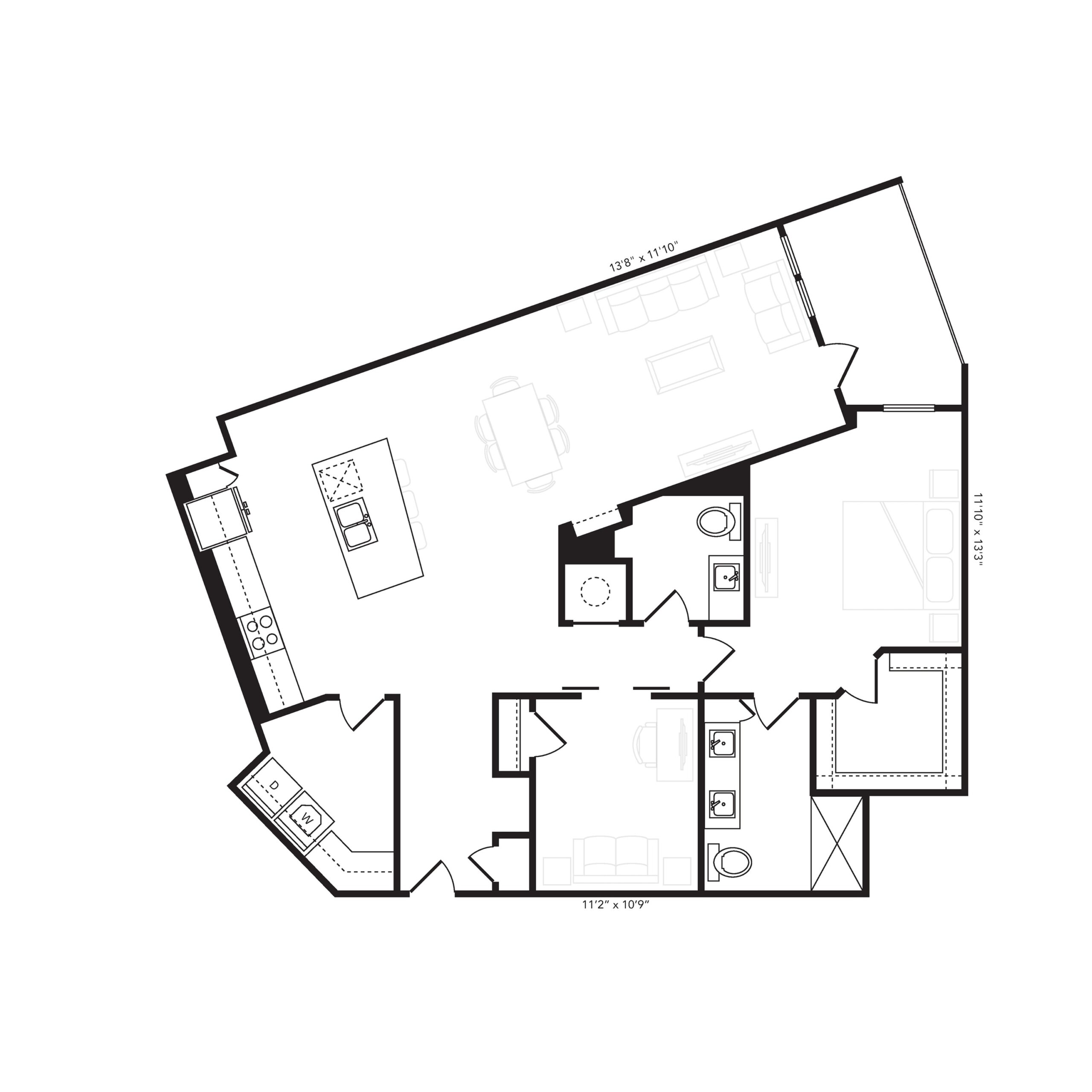 Rendering of the A9 floor plan with 1 bedroom[s] and 1.5 bathroom[s] at Beckon