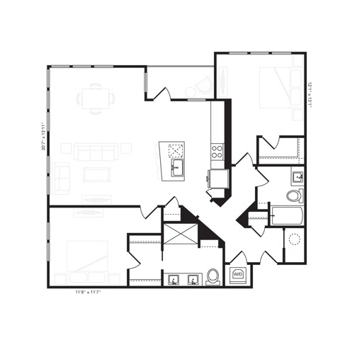 Rendering of the B2.1 floor plan with 2 bedroom[s] and 2 bathroom[s] at Beckon