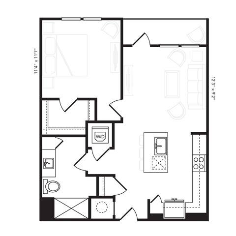 Rendering of the A1 floor plan with 1 bedroom[s] and 1 bathroom[s] at Beckon