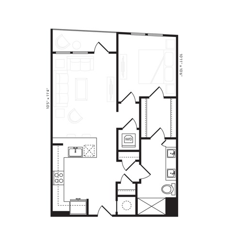 Rendering of the A5 floor plan with 1 bedroom[s] and 1 bathroom[s] at Beckon