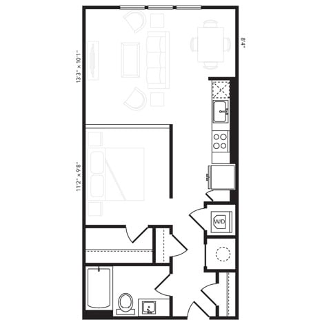 Rendering of the S2.1 floor plan with a Studio bedroom and 1 bathroom[s] at Beckon