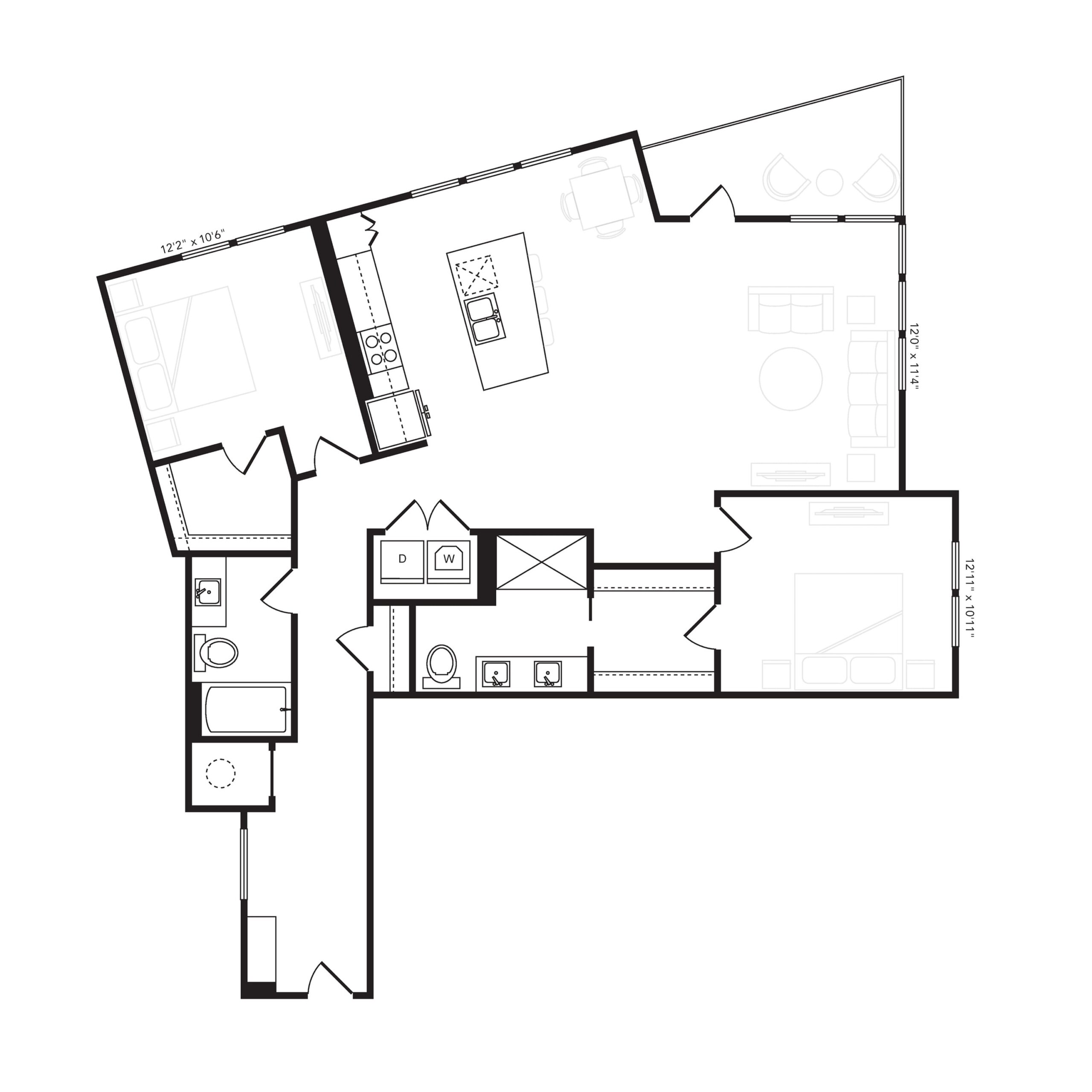 Rendering of the B3 floor plan with 2 bedroom[s] and 2 bathroom[s] at Beckon